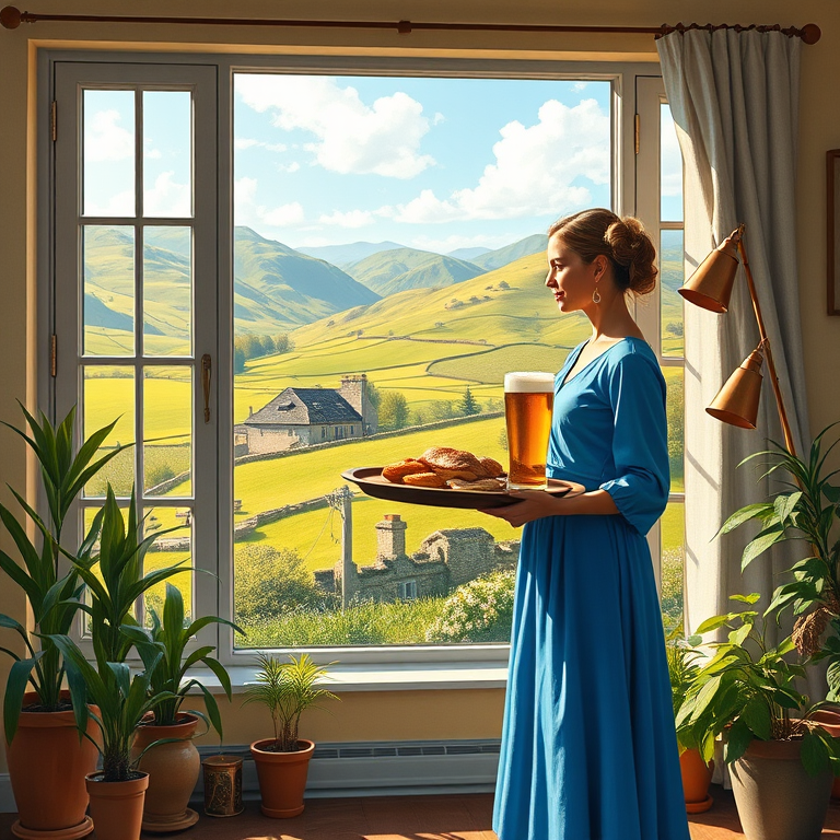 In "A Glass of Beer on the Highland," a serene scene is depicted in a sunlit room where a woman in a vibrant blue dress stands by a large window. She holds a tray with a hearty meal and a frothy glass of beer, embodying a moment of relaxation. Outside, the breathtaking highland landscape features rolling green hills and a charming traditional house, all bathed in warm afternoon light. The interior is adorned with potted plants, creating a harmonious blend of comfort and nature. The painting beautifully captures the tranquility and joy found in simple pleasures amidst stunning scenery