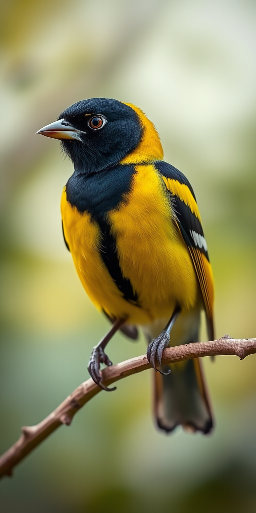 A vibrant yellow and black bird perched on a branch in a natural setting, shot with a 70-200mm lens at f/4, 1/2000s shutter speed, ISO 400, using a DSLR camera with a shallow depth of field for enhanced background blur and rich detail on the bird.