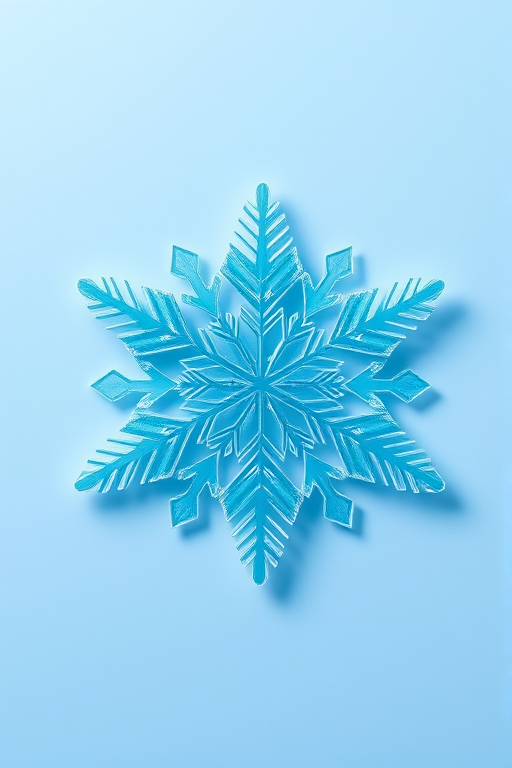 Create a high-resolution image of a stylized snowflake with a gradient from light blue to dark blue, captured with a DSLR camera at f/2.8, 50mm lens, ISO 100, and a shallow depth of field, using a flat lay perspective and soft natural lighting.