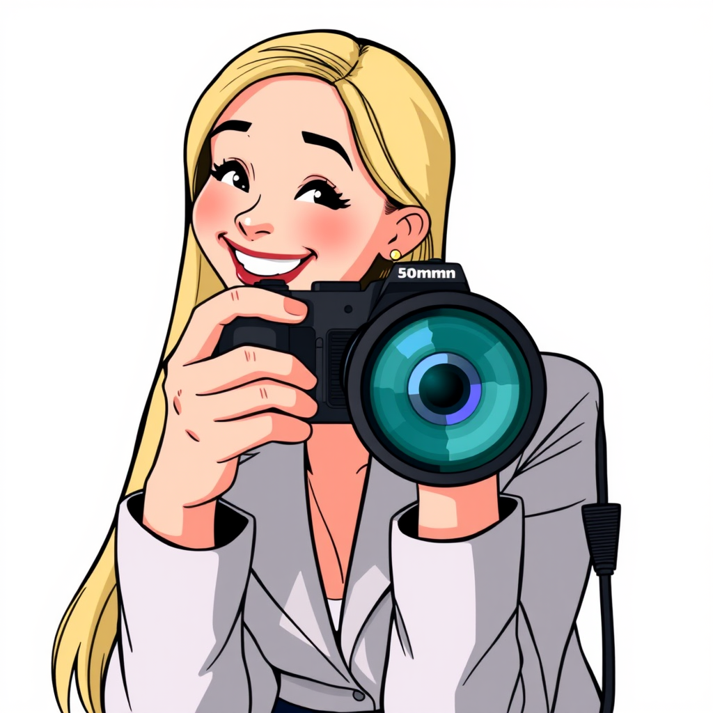 Generate a cartoon-style illustration of a smiling woman with long blonde hair and earrings, wearing a blazer, seated with her hands clasped, using a DSLR camera with a 50mm lens, f/2.8 aperture, ISO 100, backlighting, and a soft focus effect for enhanced quality.