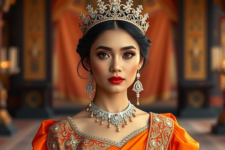 A gorgeous Bhutanese woman in a luxurious orange gown, accessorized with a dazzling tiara and statement earrings, her deep blue eyes highlighted by impeccable makeup, poised in a royal setting, photorealistic, 8K quality