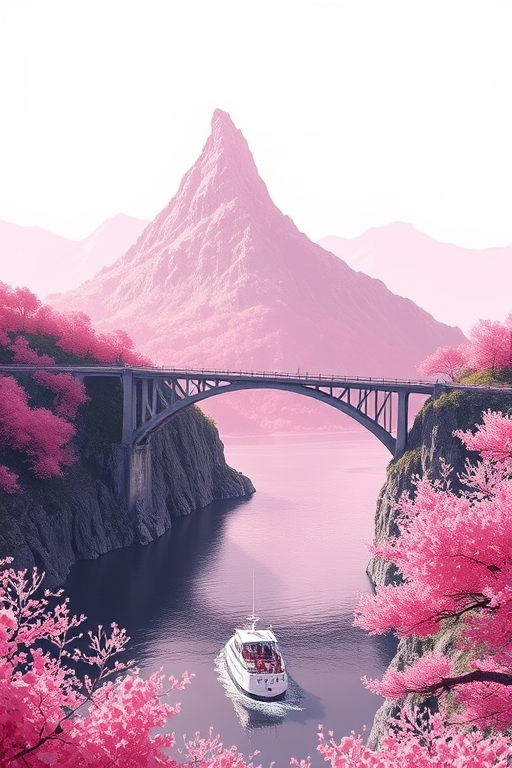 natural lighting, bridge focus, CandiBRIDGE, no humans, mountain, water, boat, bridge, pink trees, from above, negative space, scenery, intricately detailed illustration, depth of field, atmospheric perspective, pink theme, monochrome