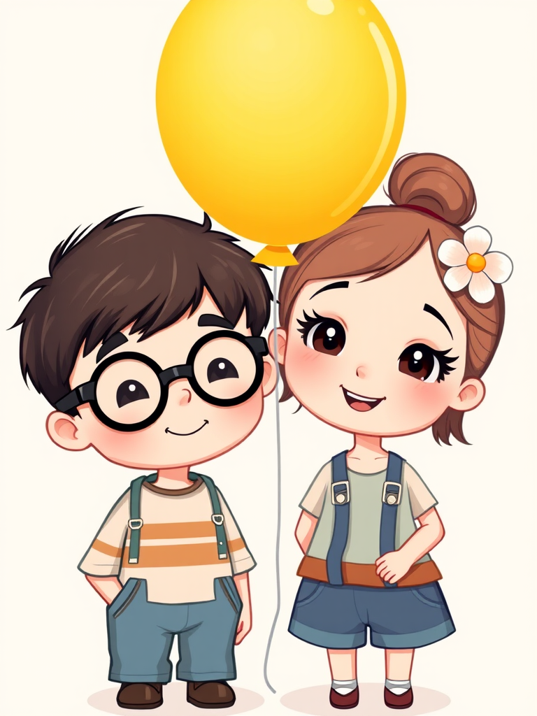 Create a high-quality illustration of two cartoon children, a boy with glasses and a girl with a flower in her hair, standing together with a yellow balloon, soft pastel background, shot in a whimsical style using a digital camera with a 50mm lens, aperture set to f/2.8 for a shallow depth of field, ISO 100 for minimal noise, and a soft lighting effect.