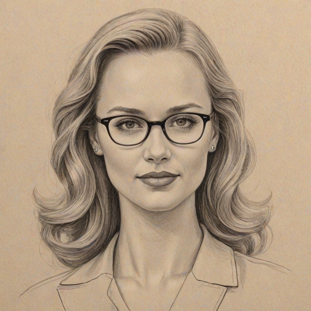 Pleasing Fiona Gubelmann, pencil sketch, portrait of Captivating woman 1947s in glasses, hair style beatnik, outline, clear lines, fine lines, 8k