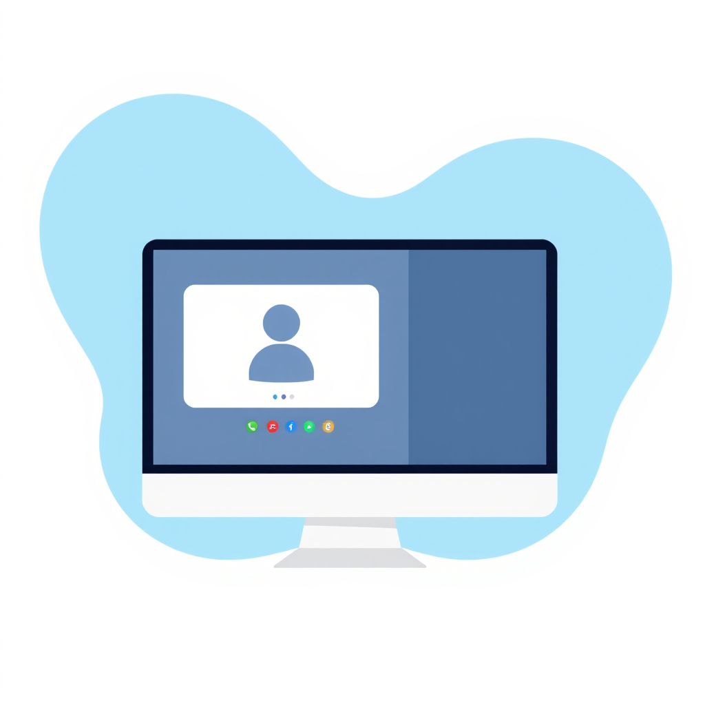 Create a modern digital illustration of a computer screen displaying a video call interface with a user icon, using soft blue background shapes, shot with a Canon EOS 5D Mark IV, aperture f/2.8, ISO 100, focal length 50mm, in a flat design style.