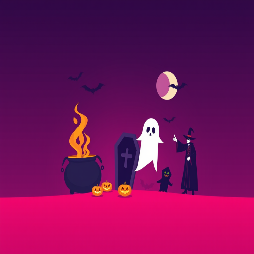 Create a minimalist digital illustration featuring a spooky Halloween theme with a cauldron, ghost, coffin, and vampire on a gradient purple to pink background, using a Canon EOS R with a 50mm f/1.8 lens at ISO 100, shutter speed 1/200s, capturing a bright, vibrant style.