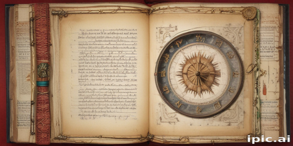 Ancient Manuscript Featuring Intricate Compass and Handwritten Notes on ...