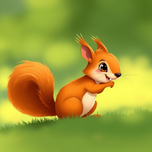 Create a highly detailed illustration of a cartoon squirrel with vibrant orange fur and a bushy tail, using a Canon EOS 5D Mark IV with a 50mm lens, f/1.8 aperture, ISO 100, and a soft natural light setting to enhance the colors and textures.