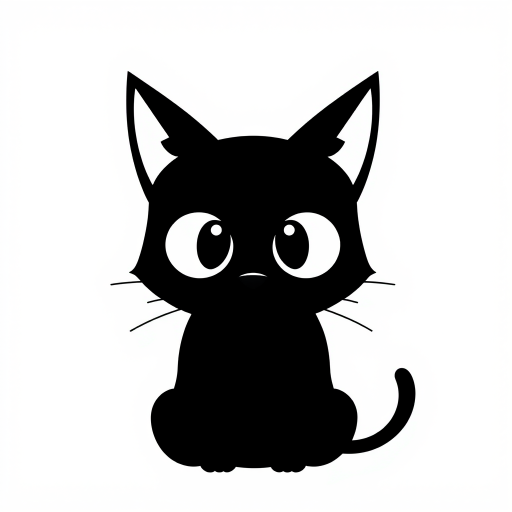 Create a black and white minimalist illustration of a cat. The cat should have large, round eyes and a simplistic, cartoonish style. Its ears should be tall and pointed, and its whiskers should be simple lines extending from its face. The background should be plain white to emphasize the cat's silhouette.