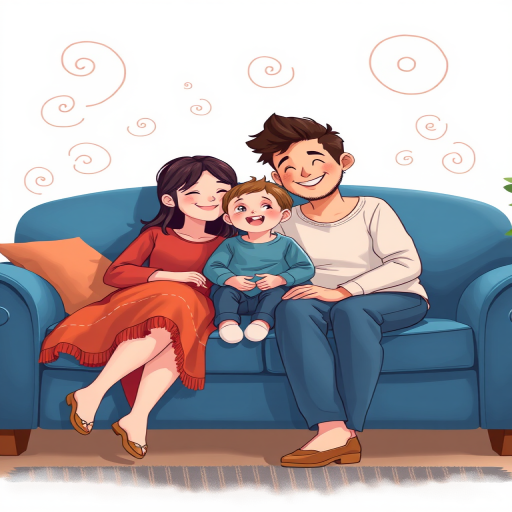 Generate a high-resolution digital illustration of a happy family of three sitting on a cozy blue couch with stylized swirls around them, featuring a mother, father, and child; use a soft focus effect, set at 50mm focal length, f/2.8 aperture, with even lighting to create a warm atmosphere.