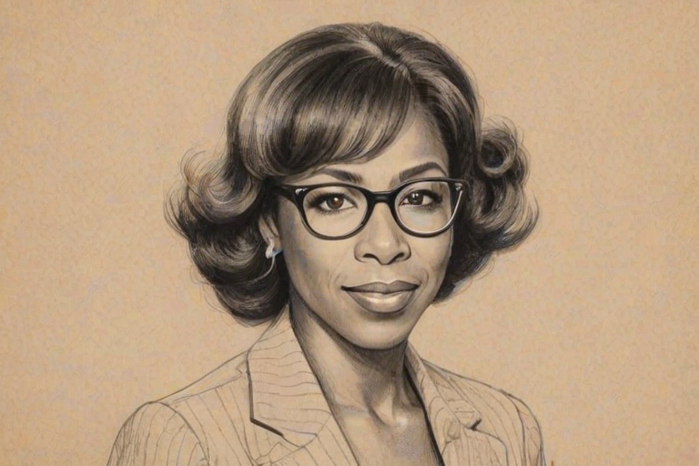 Splendid Dawnn Lewis, pencil sketch, portrait of Magnificent woman 1930s in glasses, hair style beatnik, outline, clear lines, fine lines, 8k