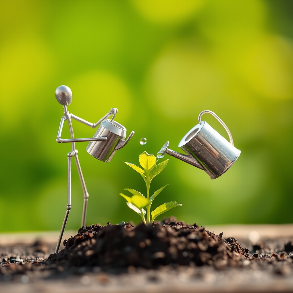 A metal figurine of a person, constructed from thin, silver rods, stands on the left side of the image, facing the viewer. The figurine is holding a small watering can and pouring water onto a young plant, with a few droplets in the air. The plant, with lush green leaves, is situated in the center, growing from dark soil. The background is a soft, out-of-focus blur of green, illuminated by warm, natural light.  The composition creates a sense of depth and intimacy. The image evokes feelings of growth, nurture, and hope.