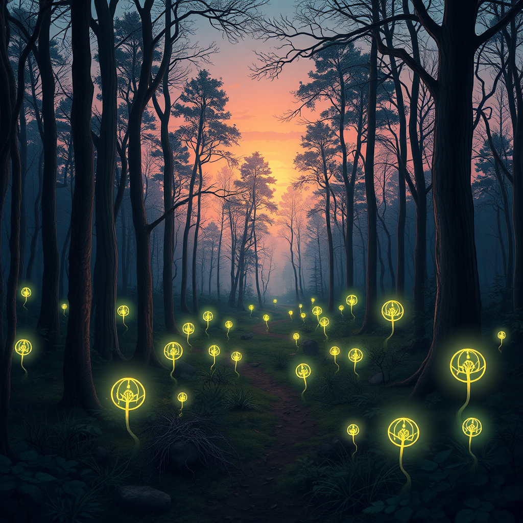 Generate an image of a detailed illustration of a mysterious forest at twilight with ethereal glowing plants, using a DSLR camera type, 35mm lens, f/2.8 aperture, ISO 800, shot from a low angle to capture depth, and soft natural lighting to enhance the magical atmosphere.