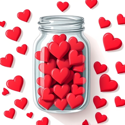 Create an illustration of a glass jar filled with a variety of red hearts of different sizes, take the shot with a Canon EOS R5, aperture f/2.8, shutter speed 1/60s, ISO 200, in a top-down view, high-resolution vector style for a clean and polished look.