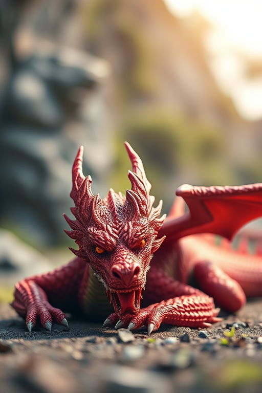 Create a highly detailed 3D rendering of a majestic red dragon resting on the ground, using a DSLR camera with a 50mm lens, aperture set to f/1.8 for a shallow depth of field, shot from a low angle to emphasize its size, using soft natural lighting for enhanced texture and color vibrancy.