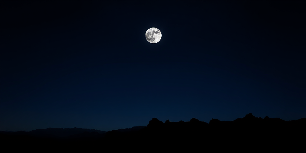 Create a serene night landscape with a large moon in a dark blue sky, featuring a silhouette of jagged mountains in the foreground, use a DSLR camera, ISO 100, aperture f/8, shutter speed 1/30s, shot from a panoramic view for enhanced depth and detail.