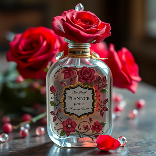 A vintage perfume bottle with intricate floral designs and red roses, adorned with elegant crystals, shot with a Canon EOS R5, 50mm lens, f/1.4, ISO 100, natural lighting, shallow depth of field, vibrant colors, soft bokeh background.