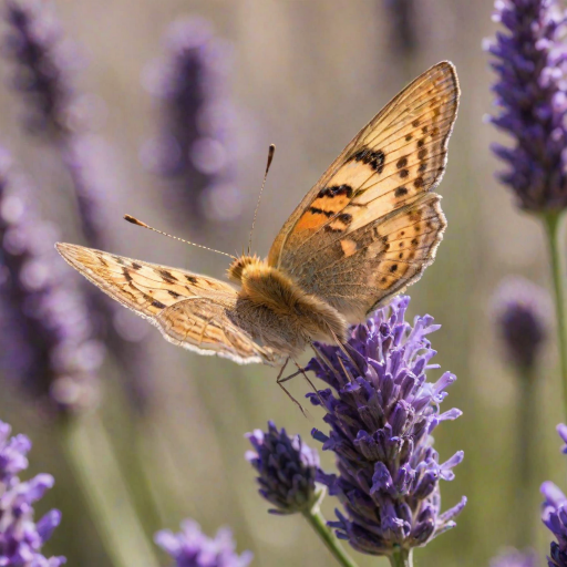 Sharp, detailed close-up of a butterfly perched on a lavender flower, soft sunlight illuminating its vibrant wings, with tiny pollen particles visible on the flower's surface.