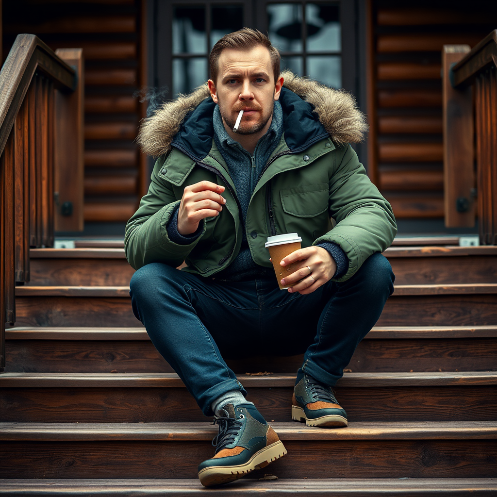A man sitting on wooden steps wearing a green parka with fur trim, smoking a cigarette, holding a coffee cup, with a cabin backdrop, shot with a Canon EOS R5, 35mm lens, f/1.8, ISO 200, natural light, portrait style.