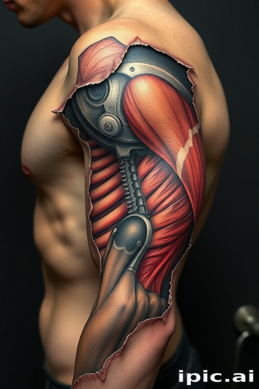 Realistic 3D tattoo titled "Skin Deep" creating the illusion of torn or peeled skin revealing hyper-realistic anatomical structures muscles or mechanical parts underneath