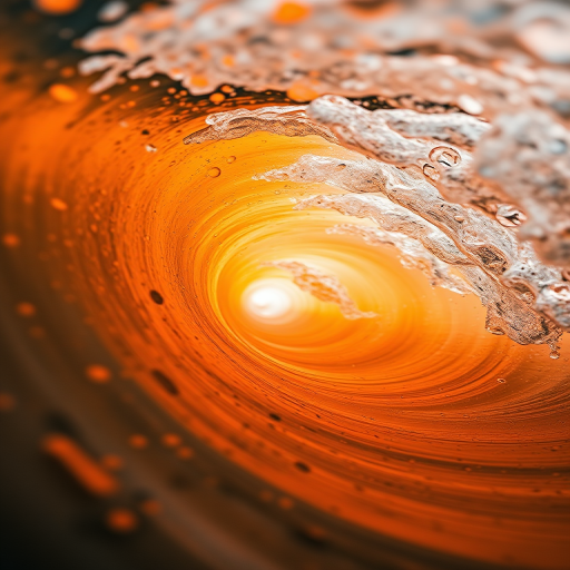 Create an image of a swirling water wave with vibrant orange hues, showcasing dynamic motion and texture, captured with a DSLR camera at f/8, ISO 200, 1/500s exposure, using a macro lens from a low angle to emphasize depth and detail.