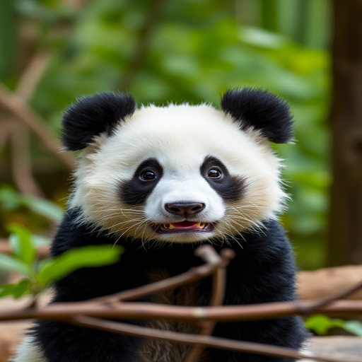 A cute panda in a natural setting, captured with a Canon EOS R5, 50mm lens, f/1.8 aperture, ISO 200, 1/250 second shutter speed, focus on the panda's face, shallow depth of field for a blurred background, vibrant colors, high resolution.