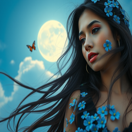 Generate a high-resolution portrait of a beautiful woman with long flowing dark hair adorned with blue flowers, set against a moonlit sky with soft clouds and butterflies, using a Canon EOS R5 camera, 85mm lens, f/1.8 aperture, ISO 100, and a low-angle shot to capture depth and detail.