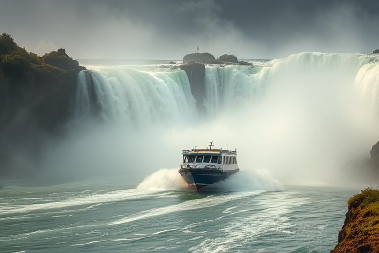 Capture a dramatic scene of a boat navigating through powerful waterfalls with mist surrounding it, using a Canon EOS R5, 24-70mm lens, aperture f/8, shutter speed 1/500s, ISO 200, shot from a low angle to enhance the sense of scale and intensity.