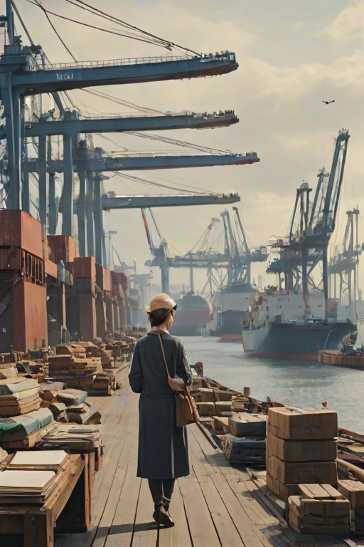 Bustling harbor with towering cranes, ships being loaded with cargo, a woman stands on the pier, a notebook in hand as she sketches the industrial scene in front of her.