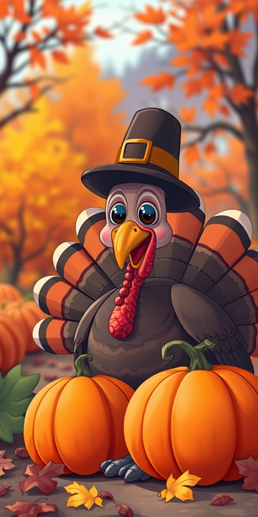 create a vibrant cartoon of a turkey wearing a pilgrim hat standing beside a pumpkin in a colorful fall setting, use a wide-angle lens at f/4 for shallow depth of field, set ISO to 100 for high image quality, employ a digital SLR camera for sharp details and rich colors
