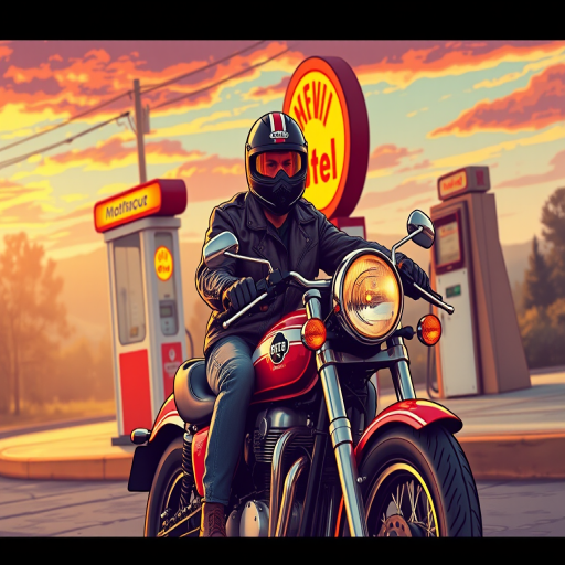 Vintage style illustration of a motorcyclist wearing a helmet and leather jacket riding a classic motorcycle near a gas station, vibrant colors, high contrast, Canon EOS R5, 24mm lens, f/8 aperture, ISO 100, golden hour lighting for enhanced warmth.