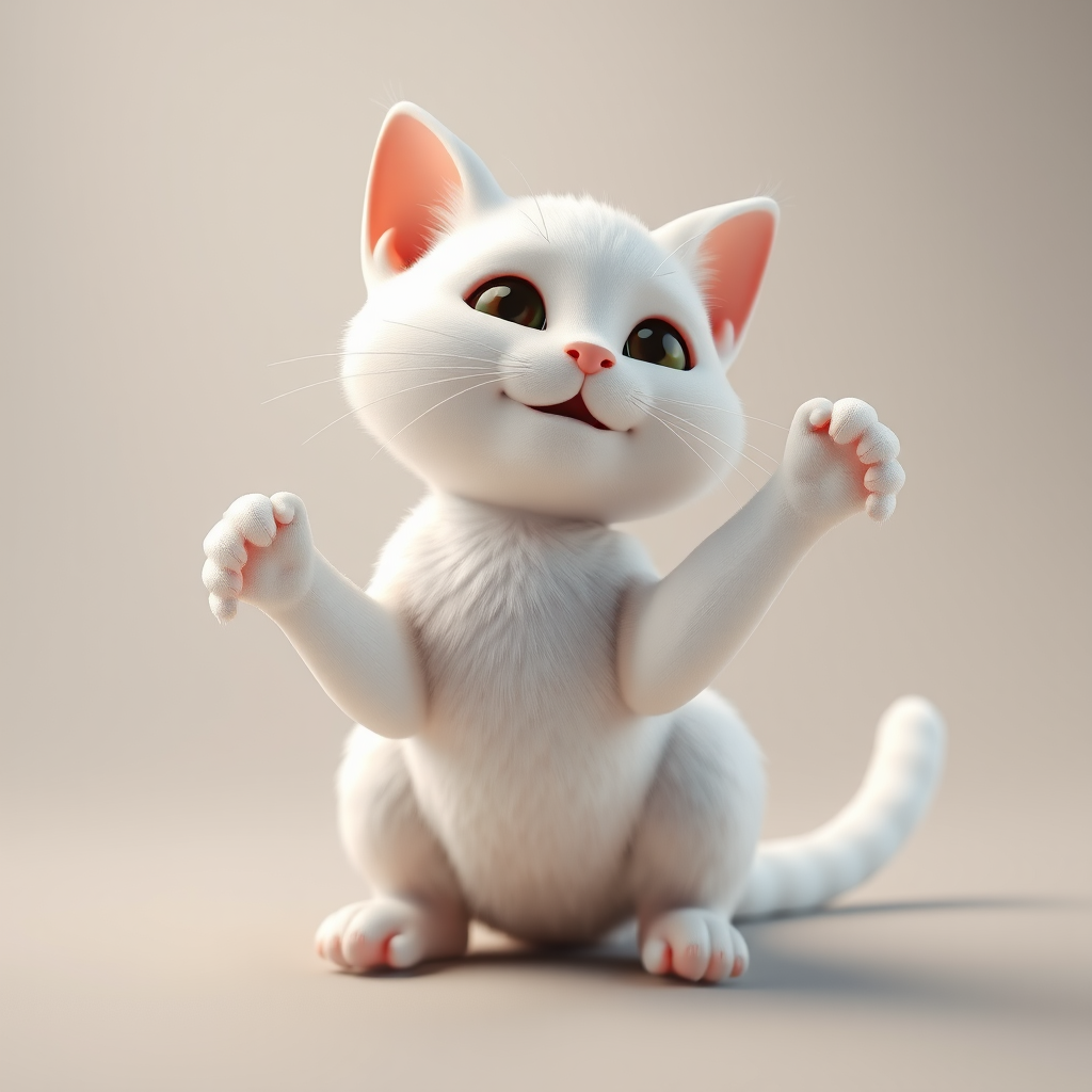 3D model of a white cat in a playful pose, high resolution, soft lighting, ISO 100, f/2.8 aperture, 50mm lens, shallow depth of field, studio lighting setup.