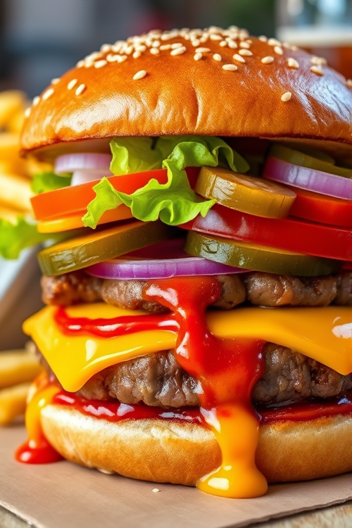 High-resolution, close-up image of a gourmet double cheeseburger. The burger features a glossy, sesame-seed-topped brioche bun. Inside, there are two thick, juicy beef patties, each topped with melted cheddar cheese. The burger is garnished with fresh lettuce, tomato slices, diced onions, and pickles. A generous amount of ketchup and a creamy, orange-colored sauce is dripping down the sides, adding to the mouth-watering appeal. In the background, there are blurred elements including a side of golden French fries and a hint of a beverage, enhancing the overall presentation of a delicious meal.
