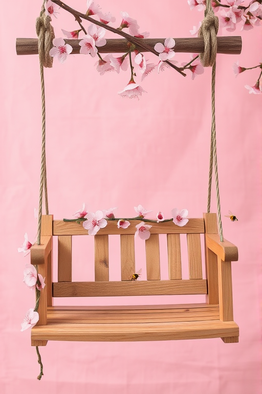 Create an image of a wooden swing adorned with pink cherry blossom flowers and small bees against a soft pink textured background, captured with a DSLR camera at f/2.8 aperture, 50mm lens, with a shallow depth of field and vibrant colors to enhance the dreamy quality.