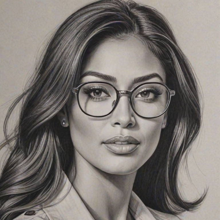 Magnificent Nicole Scherzinger, pencil sketch, portrait of Beauteous woman 1935s in glasses, hair style beatnik, outline, clear lines, fine lines, 8k