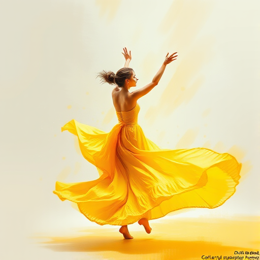 Create a vibrant abstract painting of a woman in a flowing yellow dress dancing gracefully, using soft brush strokes and a color palette of yellows and grays, shot with a Canon EOS R5 at f/1.8, ISO 100, 50mm lens, shallow depth of field, and natural light to enhance the ethereal quality.