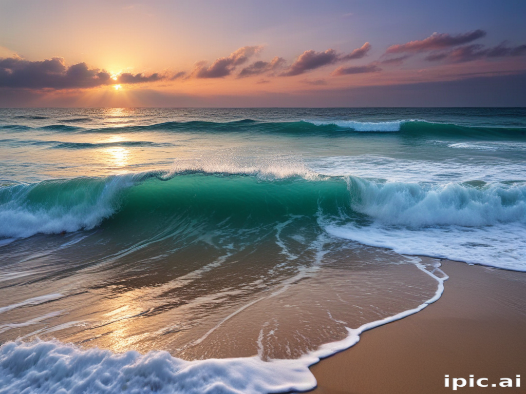 Serene Sunset Over Calm Ocean Waves and Tranquil Sandy Beach