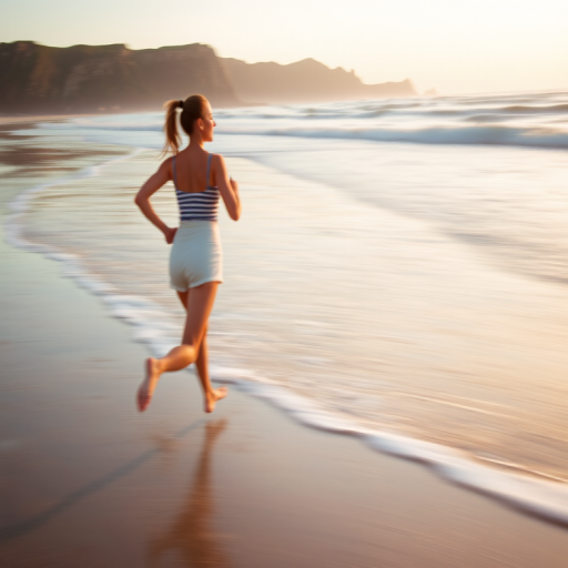 Blurry action shot of a woman running along a sunlit beach at dawn, soft waves crashing against the shore, with distant cliffs barely visible under the soft pastel sky.