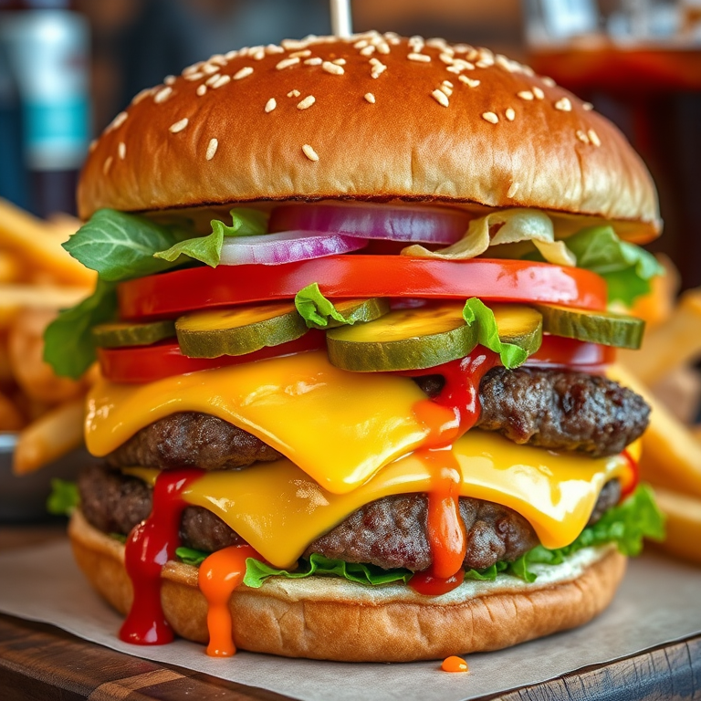High-resolution, close-up image of a gourmet double cheeseburger. The burger features a glossy, sesame-seed-topped brioche bun. Inside, there are two thick, juicy beef patties, each topped with melted cheddar cheese. The burger is garnished with fresh lettuce, tomato slices, diced onions, and pickles. A generous amount of ketchup and a creamy, orange-colored sauce is dripping down the sides, adding to the mouth-watering appeal. In the background, there are blurred elements including a side of golden French fries and a hint of a beverage, enhancing the overall presentation of a delicious meal.