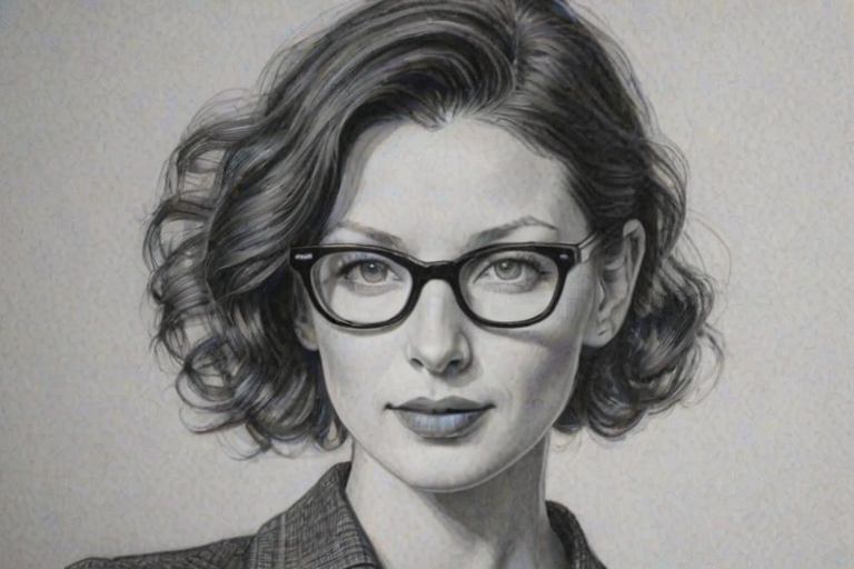 Ravishing Caitriona Balfe, pencil sketch, portrait of Wonderful woman 1953s in glasses, hair style beatnik, outline, clear lines, fine lines, 8k