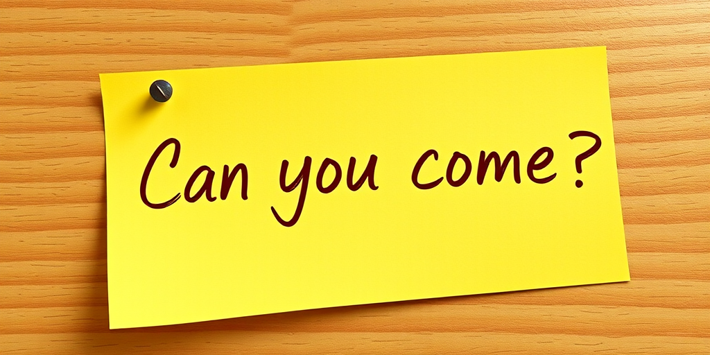 Yellow post-it note, hand written in brown pen text "Can you come??", 3d, hd, hyper realistic,