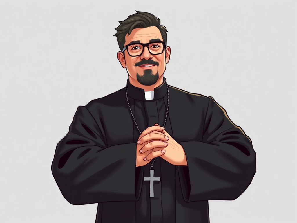 Create an illustration of a charismatic figure in a black clerical robe with glasses and a cross necklace, striking a confident pose with hands clasped, using a Canon EOS R5 camera with a 50mm f/1.2 lens, shot at f/2.8 to create a shallow depth of field, in a well-lit studio setting with softbox lighting for even illumination and enhanced detail.