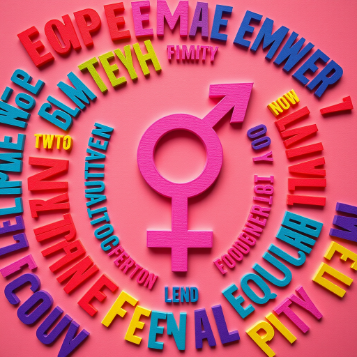 Create an image of the female gender symbol surrounded by colorful words representing empowerment and equality, using a Canon EOS R5 with a 50mm f/1.2 lens, aperture set to f/2.8, ISO 100, shot from a flat lay perspective with vibrant lighting to enhance the colors and details.
