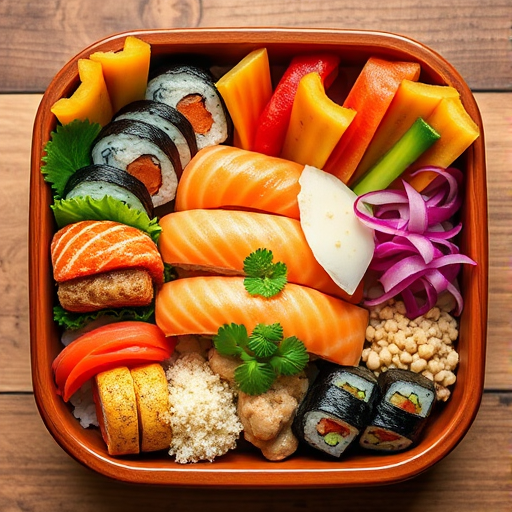 A beautifully arranged bento box filled with sushi, colorful vegetables, and garnishes, shot with a Canon EOS R5, 50mm lens, f/2.8 aperture, ISO 100, natural light, top-down view, high-definition capturing the vibrant colors and textures of the food.