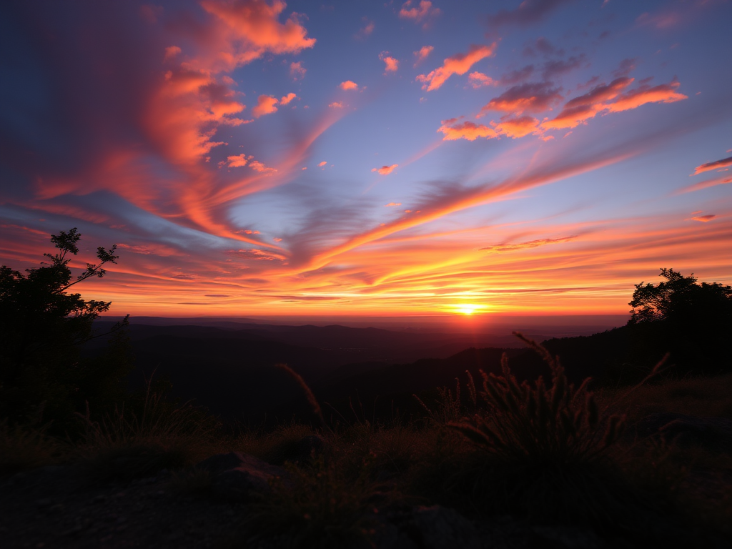 Generate a high-resolution image of a scenic landscape during sunset with vibrant colors, using a DSLR camera with a 50mm lens at f/1.8, ISO 100, and a shutter speed of 1/200 seconds, captured from a low angle to enhance depth and detail.
