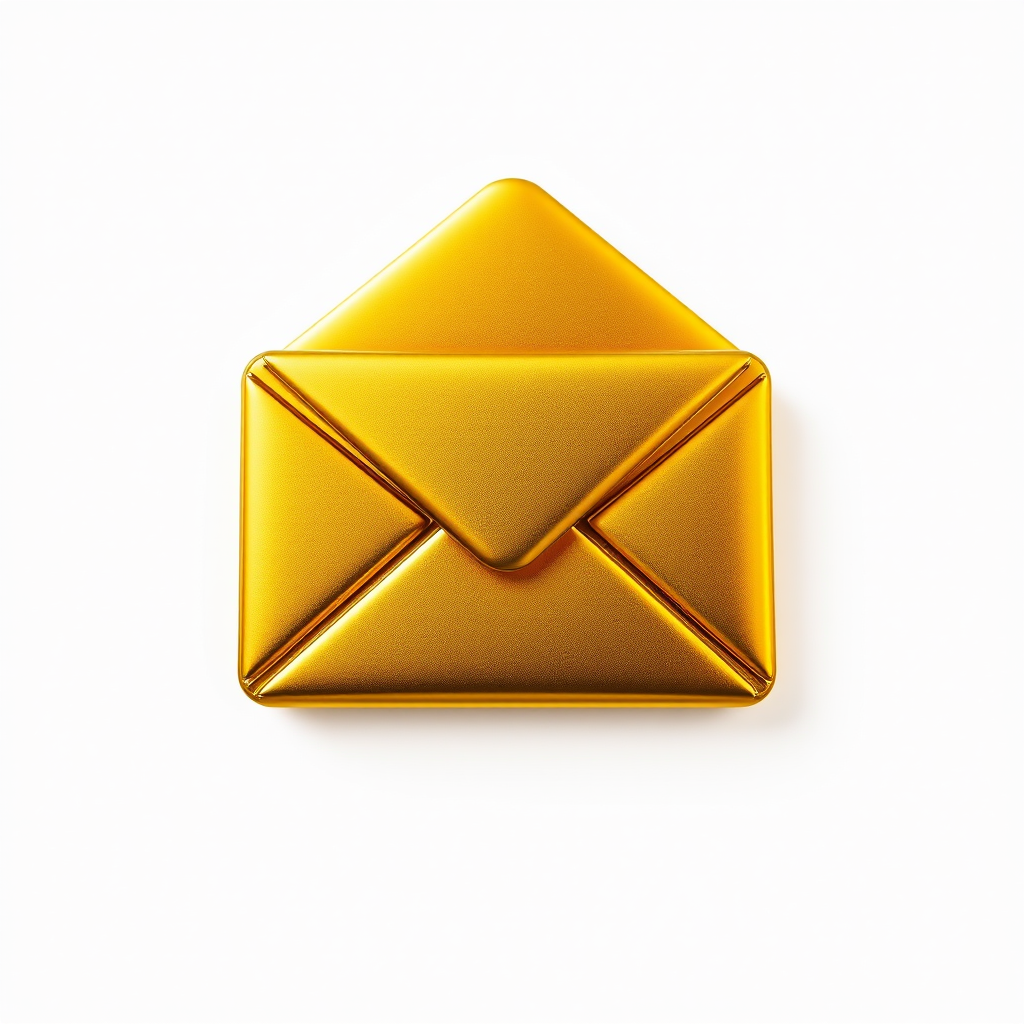 Create a high-resolution image of a golden, stylized envelope icon with a glossy finish, using a DSLR camera with a 50mm lens at f/1.8 aperture, ISO 100, and natural lighting, capturing a frontal view to enhance details and contrast.