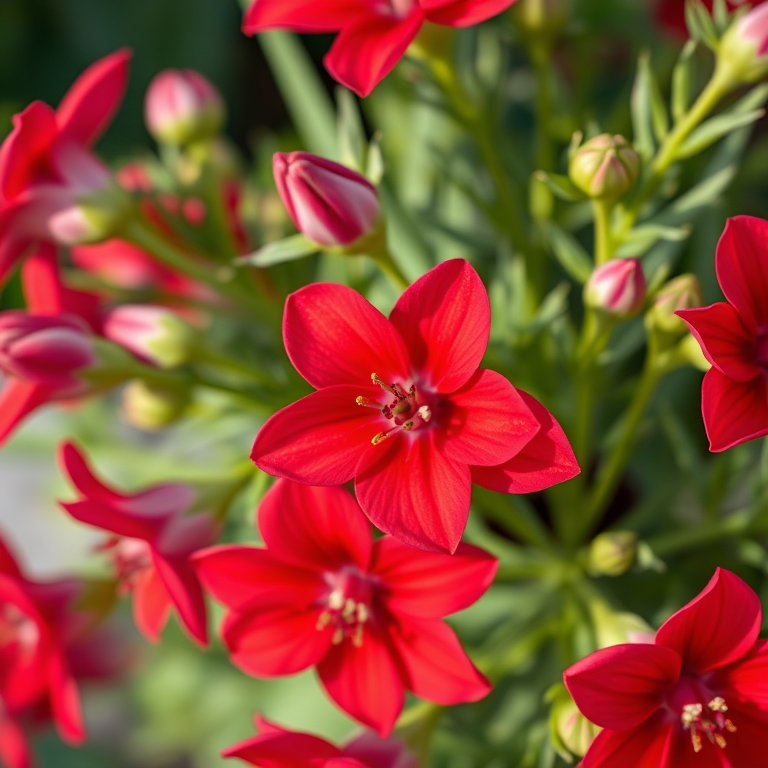 Generate a vibrant bouquet of red flowers with detailed petals and green foliage, shot with a DSLR camera at f/2.8, ISO 100, 85mm lens, in macro view, using natural light to enhance colors and textures.