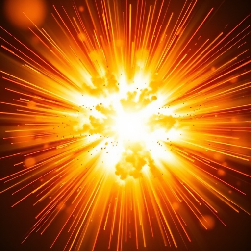 Create an image of an explosion with dynamic rays emanating from a central point, using a DSLR camera with a 50mm lens, f/2.8 aperture, ISO 100, shutter speed 1/500s, in high-resolution photography style with a slight tilt-up perspective to enhance dramatic effect.