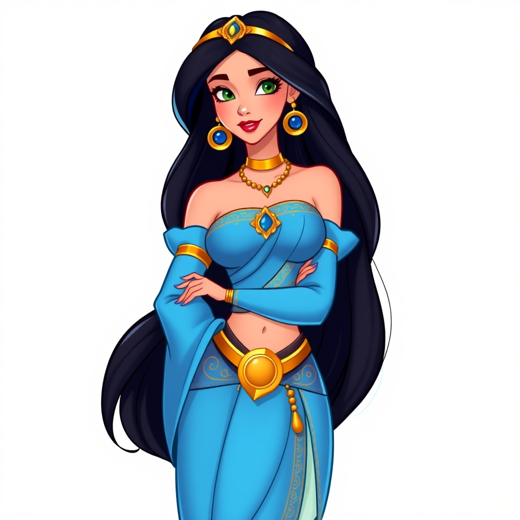 Create an illustration of an animated princess jasmine of aladdin with long dark hair, wearing a detailed flowing blue outfit and gold accessories. She stands confidently, exuding charm and grace.
