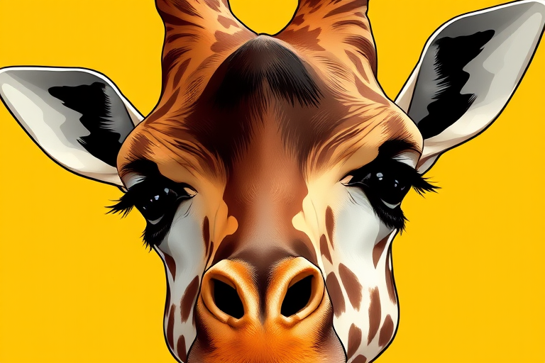 Create a high-resolution illustration of a giraffe with a solid yellow background, using a digital illustration style, with a focus on the giraffe's expressive eyes, and apply a 50mm lens with an aperture of f/2.8 for a shallow depth of field.